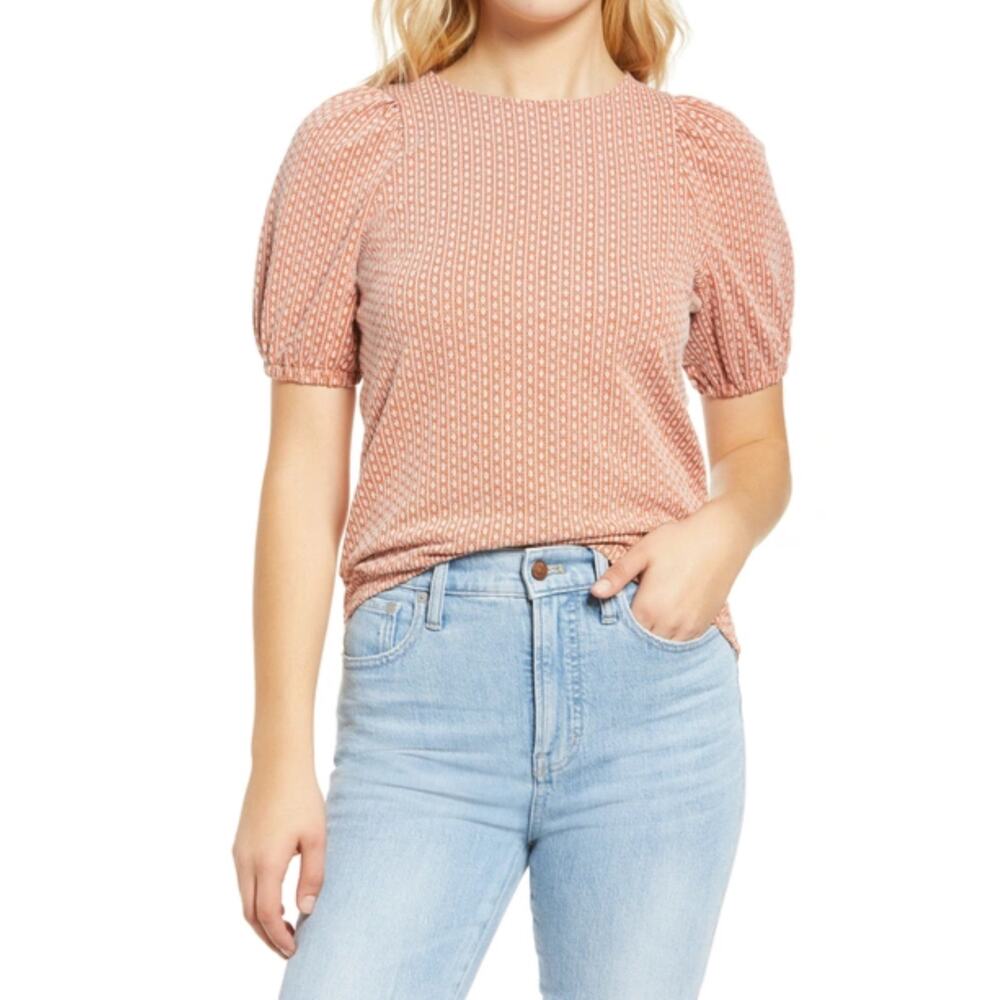 NWT MADEWELL Top XS Floral Red White Jacquard Knit Puff-Short-Sleeve”Afterglow”